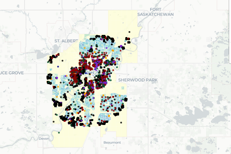 Map of Edmonton showing building permits over census blocks