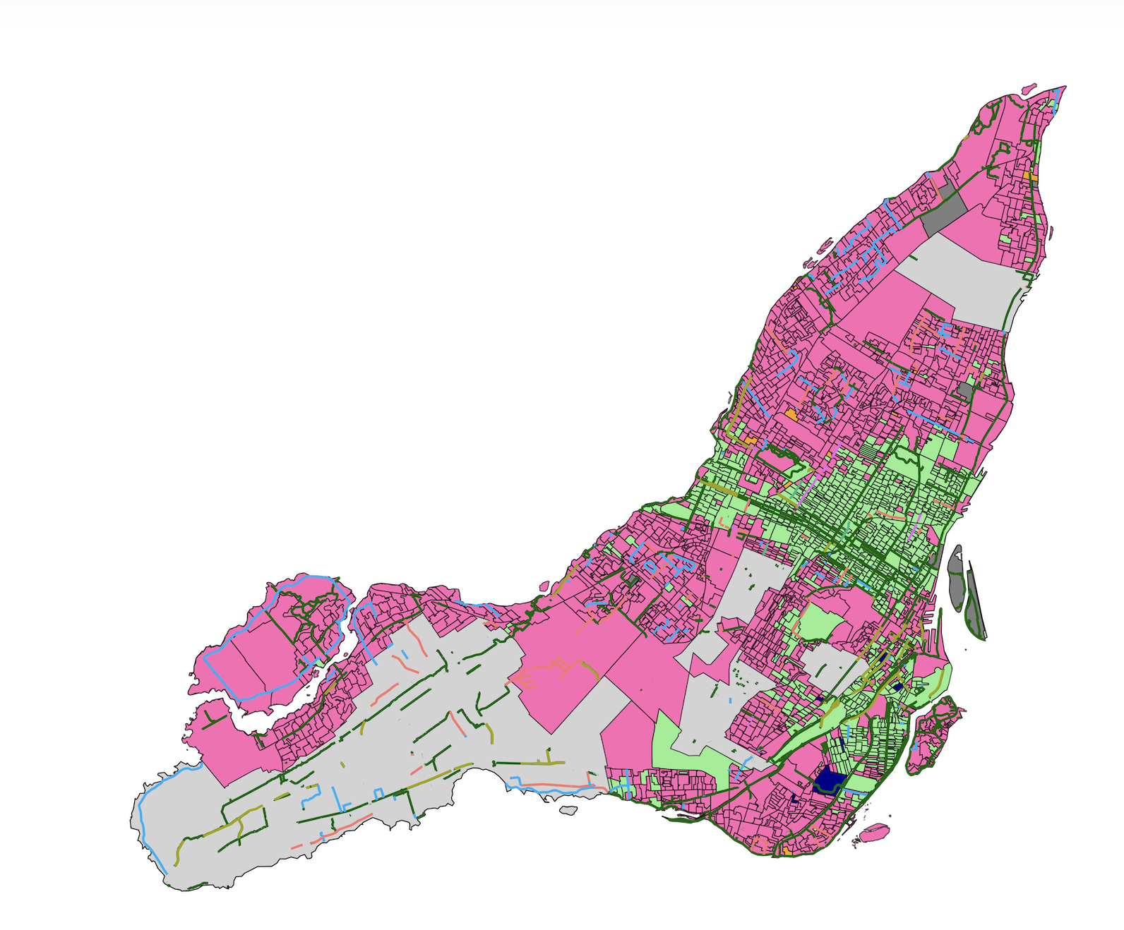 Map showing the results of the 2026 Montreal election with bikelanes overlayed on the map